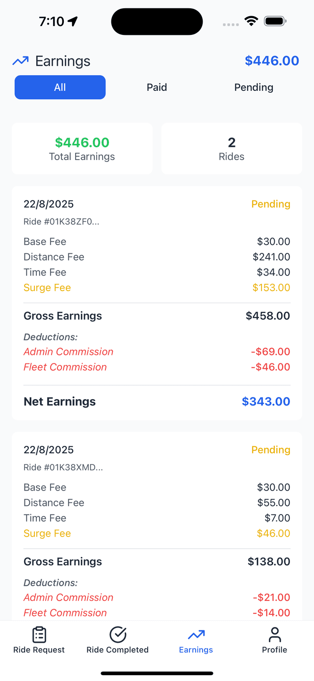 Taxi App - Earnings