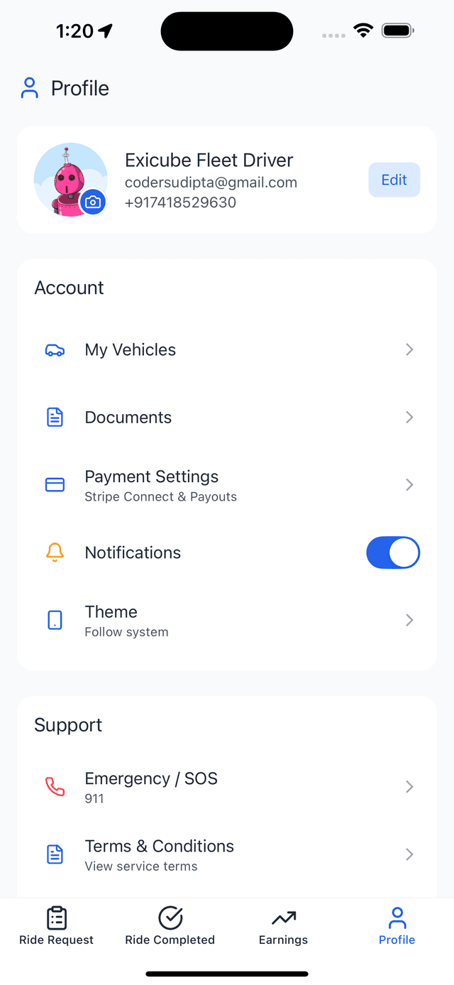 Taxi App - Driver Settings