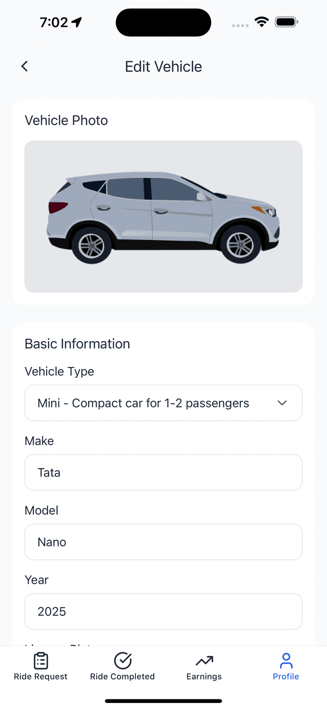 Taxi App - Edit Vehicle