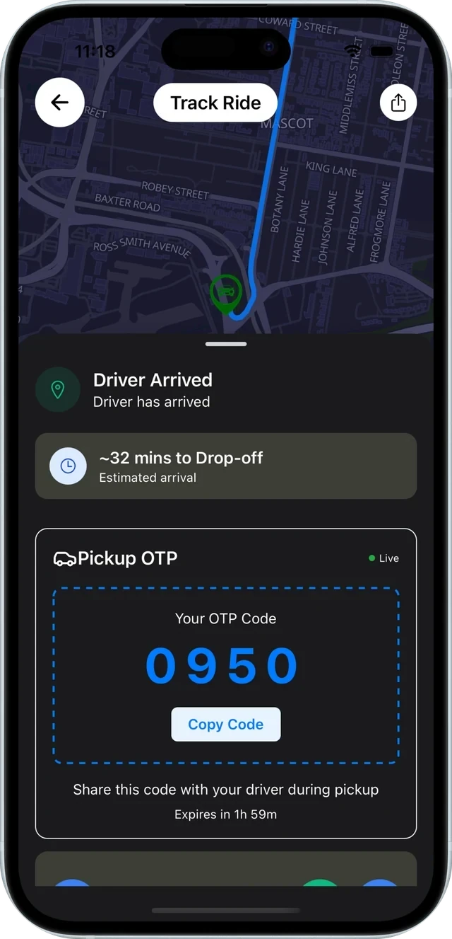 Rider app tracking a ride on a dark street-level map near Mascot, with street names, the route line and the pickup code below