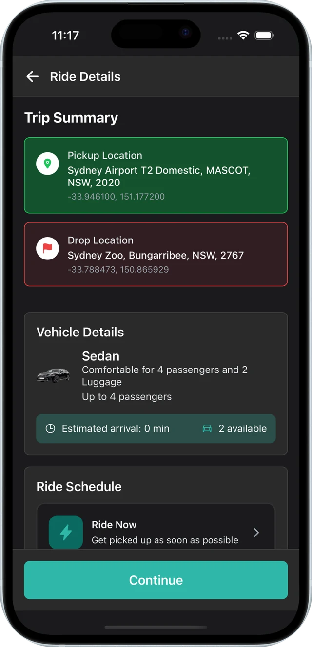 Rider app trip summary: pickup at Sydney Airport T2 Domestic, Mascot NSW 2020, and drop-off at Sydney Zoo, Bungarribee NSW 2767, each with its latitude and longitude