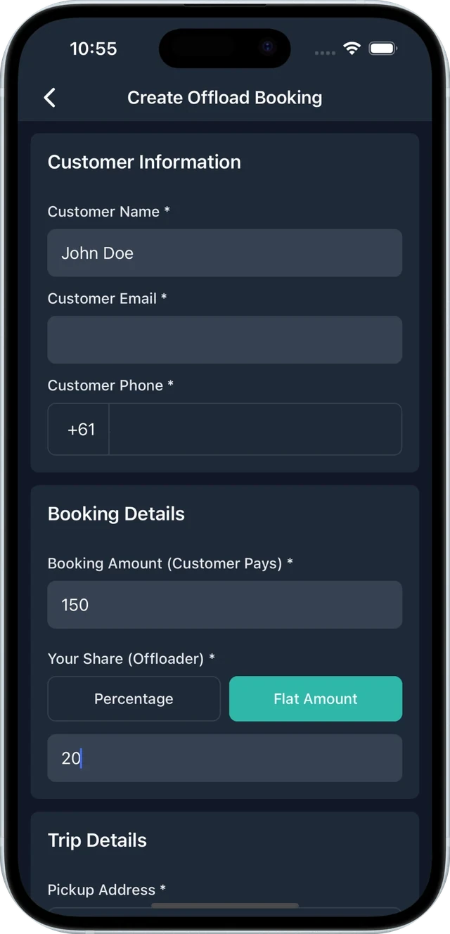 Driver app Create Offload Booking form: customer details, booking amount, and the offloading driver's share as a percentage or a flat amount