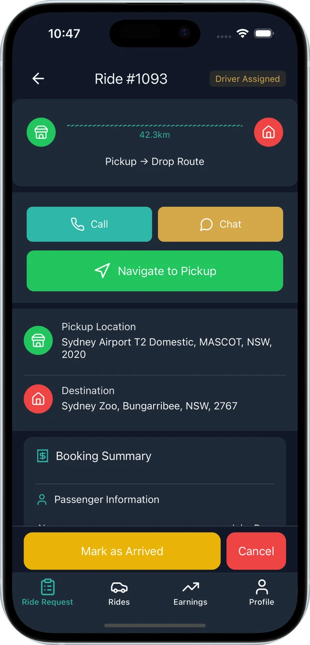 Driver app job card: pickup to drop route of 42.3 km, with Call, Chat and Navigate to Pickup buttons
