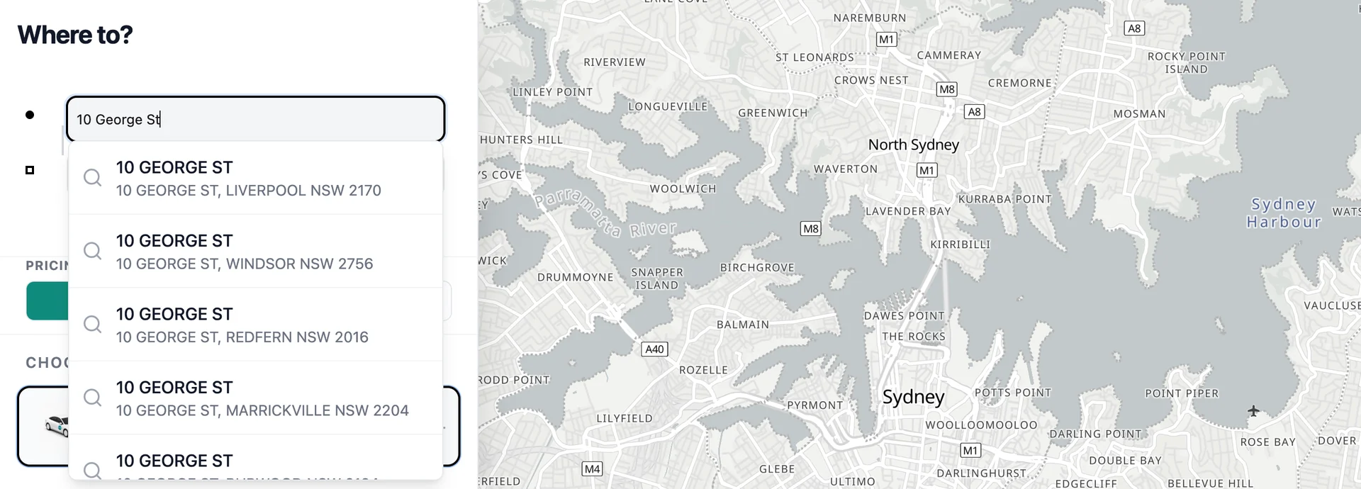 Web booking page: typing 10 George St lists 10 George St in Liverpool, Windsor, Redfern and Marrickville, beside a light map of Sydney