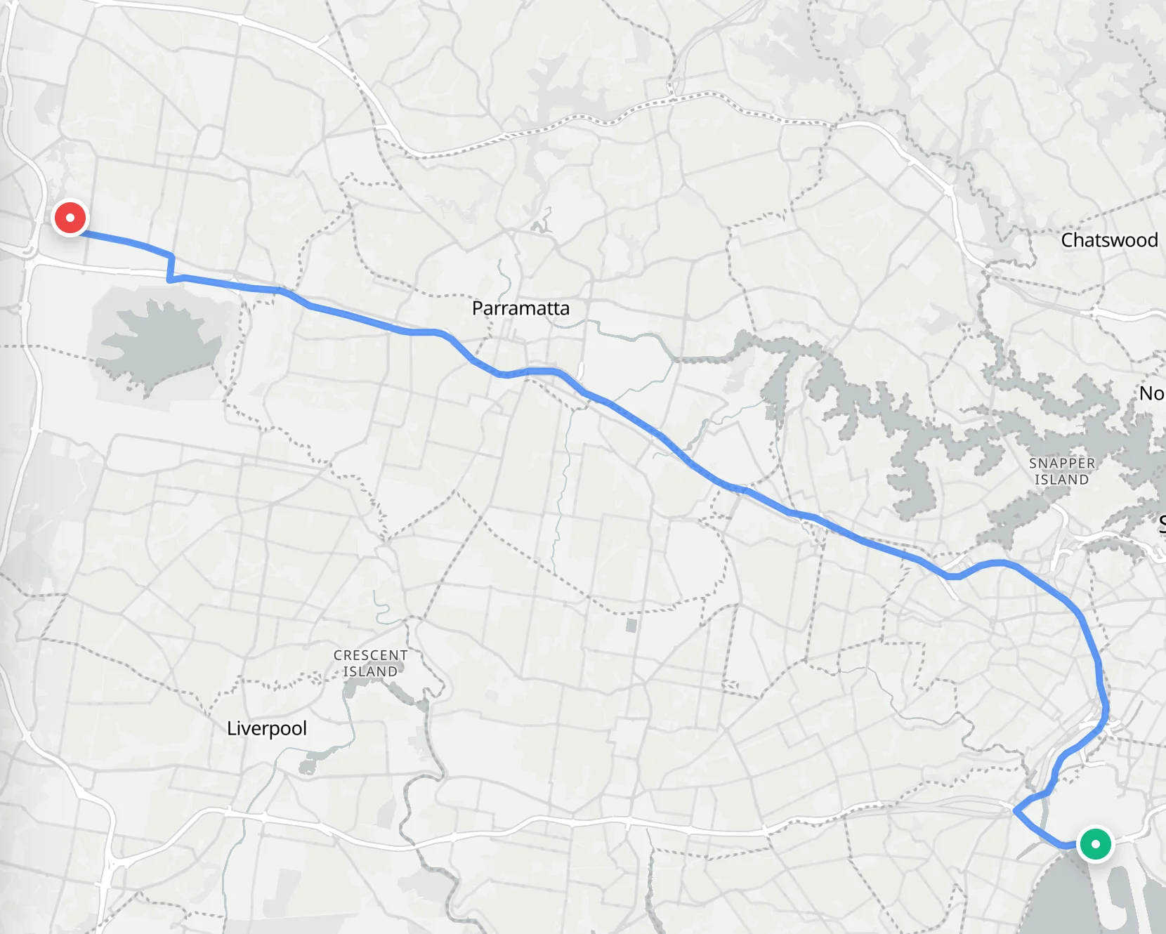 Light map of western Sydney with a blue route line running from Sydney Airport in the south-east to Sydney Zoo in the north-west, through Parramatta